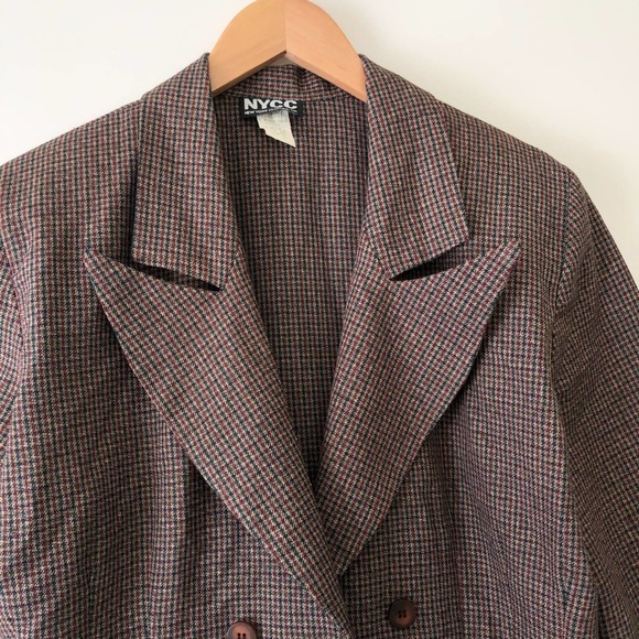 Vintage 90s Double Breasted Blazer Houndstooth Print Brown Red Women's 12 - Picture 2 of 7